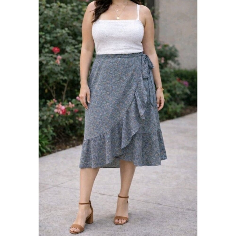 Max Studio Ŵrap Over Floral Ruffle Church School Casual Flowy Midi Skirt Medium
